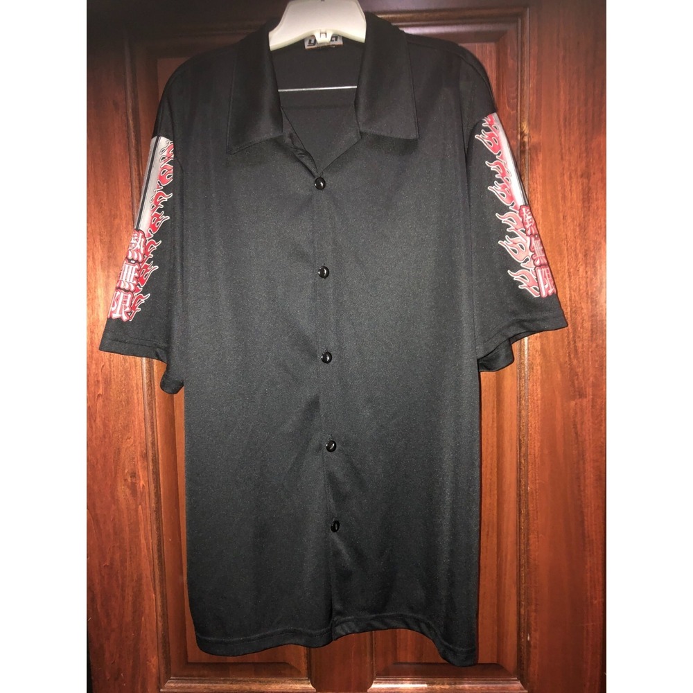 Vintage Studio YMLA Shirt Mens Large Black Button Up 100%-Polyester Flames USA